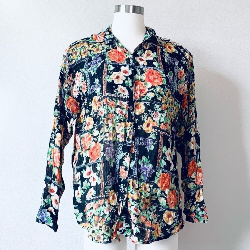 Speed Limit Black Floral Sequin Button Down Blouse Oversize Medium 90s